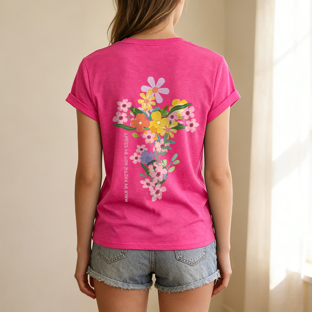 Christianartworkshop Doppelseitiges T-Shirt mit Blumenmuster und V-Ausschnitt: „Jesus ist das Licht – Wandelt im Glauben, nicht im Sehen“. - image 46