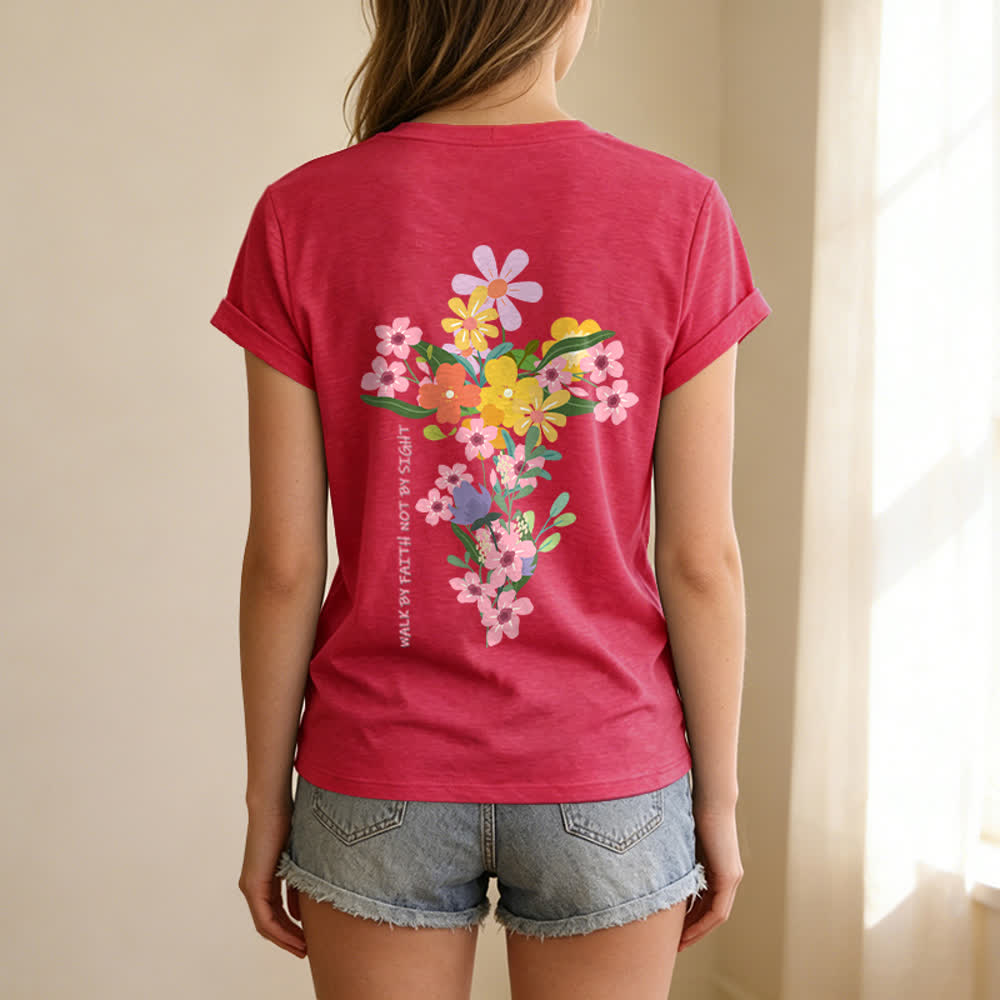 Christianartworkshop Doppelseitiges T-Shirt mit Blumenmuster und V-Ausschnitt: „Jesus ist das Licht – Wandelt im Glauben, nicht im Sehen“. - image 30