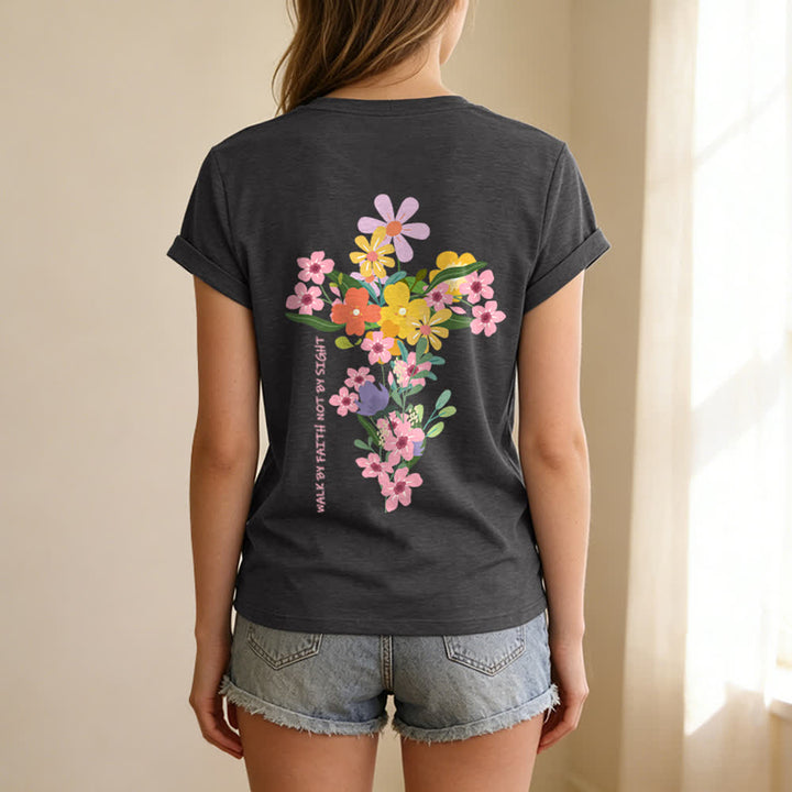 Christianartworkshop Doppelseitiges T-Shirt mit Blumenmuster und V-Ausschnitt: „Jesus ist das Licht – Wandelt im Glauben, nicht im Sehen“. - image 10