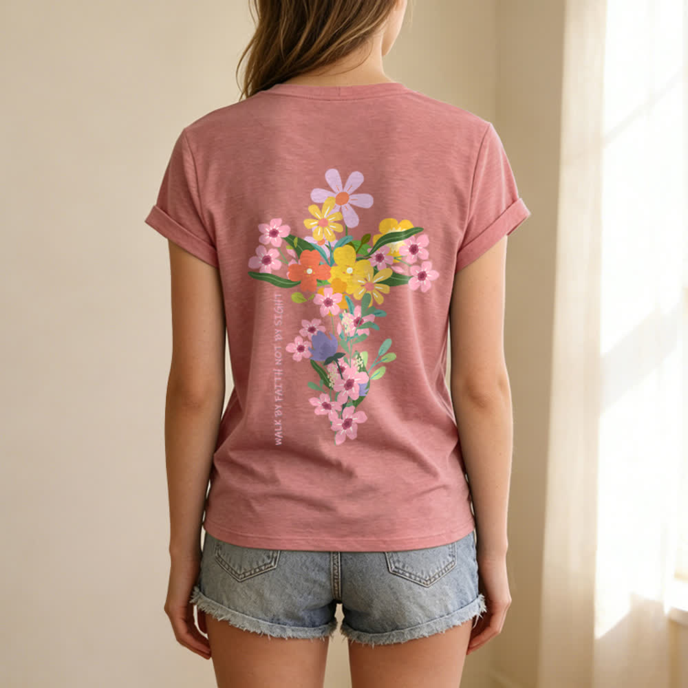 Christianartworkshop Doppelseitiges T-Shirt mit Blumenmuster und V-Ausschnitt: „Jesus ist das Licht – Wandelt im Glauben, nicht im Sehen“. - image 38