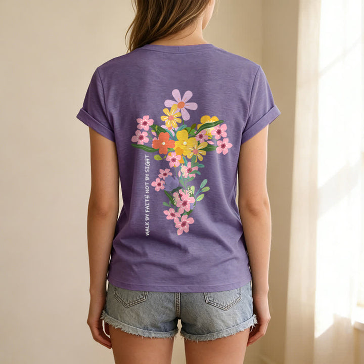 Christianartworkshop Doppelseitiges T-Shirt mit Blumenmuster und V-Ausschnitt: „Jesus ist das Licht – Wandelt im Glauben, nicht im Sehen“. - image 34