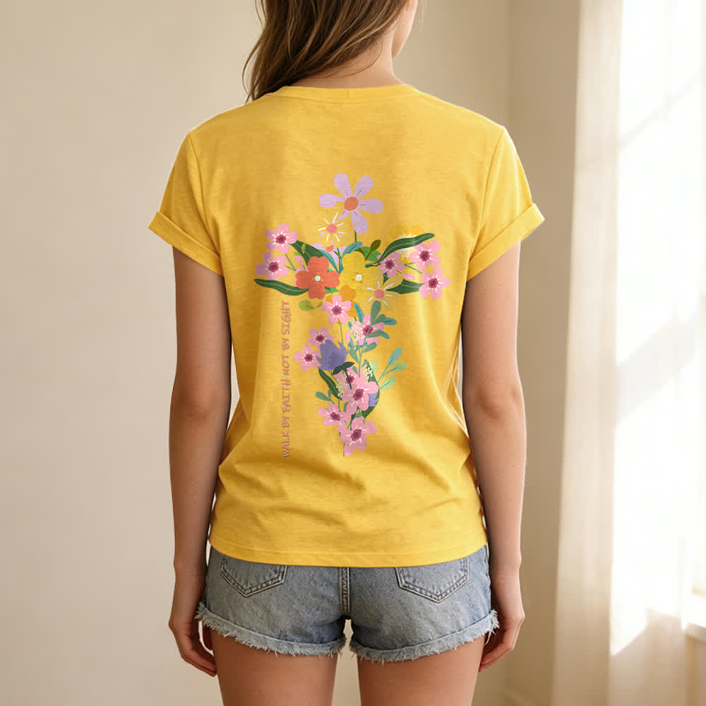 Christianartworkshop Doppelseitiges T-Shirt mit Blumenmuster und V-Ausschnitt: „Jesus ist das Licht – Wandelt im Glauben, nicht im Sehen“. - image 50