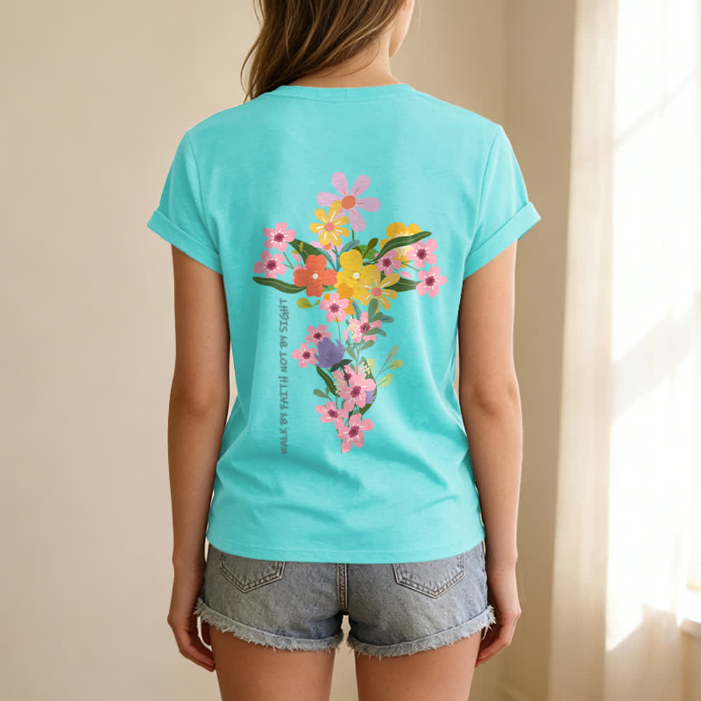 Christianartworkshop Doppelseitiges T-Shirt mit Blumenmuster und V-Ausschnitt: „Jesus ist das Licht – Wandelt im Glauben, nicht im Sehen“. - image 42