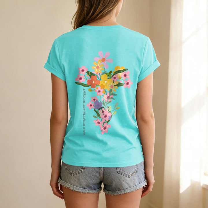 Christianartworkshop Doppelseitiges T-Shirt mit Blumenmuster und V-Ausschnitt: „Jesus ist das Licht – Wandelt im Glauben, nicht im Sehen“. - image 42