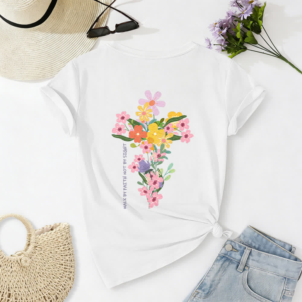 Christianartworkshop Doppelseitiges T-Shirt mit Blumenmuster und V-Ausschnitt: „Jesus ist das Licht – Wandelt im Glauben, nicht im Sehen“. - Weiß - 2XL - image 4