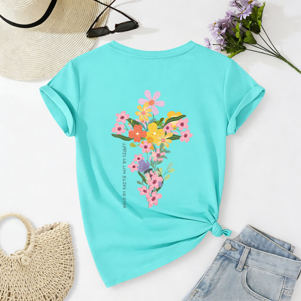 Christianartworkshop Doppelseitiges T-Shirt mit Blumenmuster und V-Ausschnitt: „Jesus ist das Licht – Wandelt im Glauben, nicht im Sehen“. - Himmelblau - 2XL - image 40