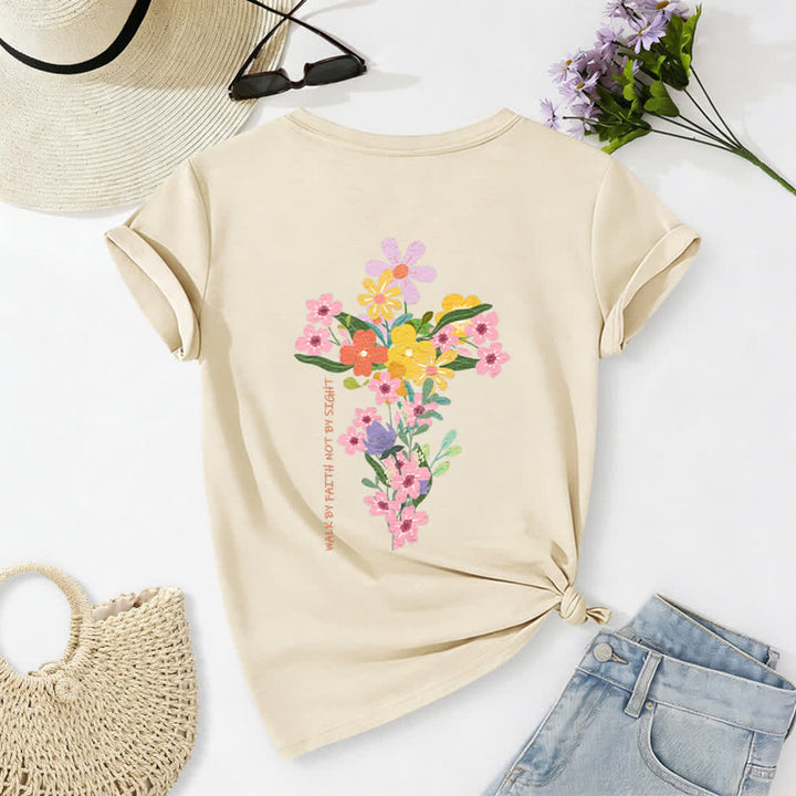Christianartworkshop Doppelseitiges T-Shirt mit Blumenmuster und V-Ausschnitt: „Jesus ist das Licht – Wandelt im Glauben, nicht im Sehen“. - Beige - 2XL - image 0