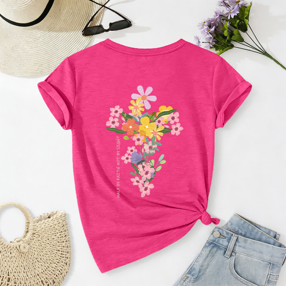 Christianartworkshop Doppelseitiges T-Shirt mit Blumenmuster und V-Ausschnitt: „Jesus ist das Licht – Wandelt im Glauben, nicht im Sehen“. - Rose - 2XL - image 44
