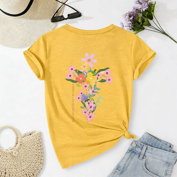 Christianartworkshop Doppelseitiges T-Shirt mit Blumenmuster und V-Ausschnitt: „Jesus ist das Licht – Wandelt im Glauben, nicht im Sehen“. - Gelb - 2XL - image 48