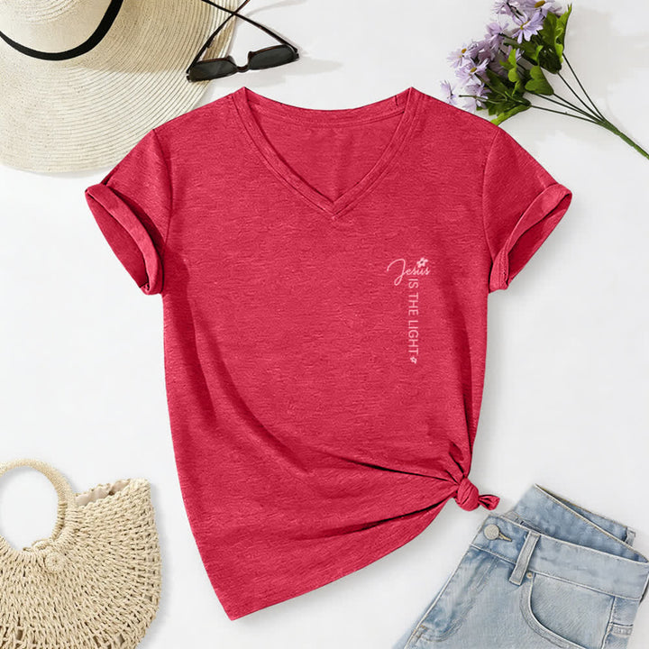 Christianartworkshop Doppelseitiges T-Shirt mit Blumenmuster und V-Ausschnitt: „Jesus ist das Licht – Wandelt im Glauben, nicht im Sehen“. - image 29