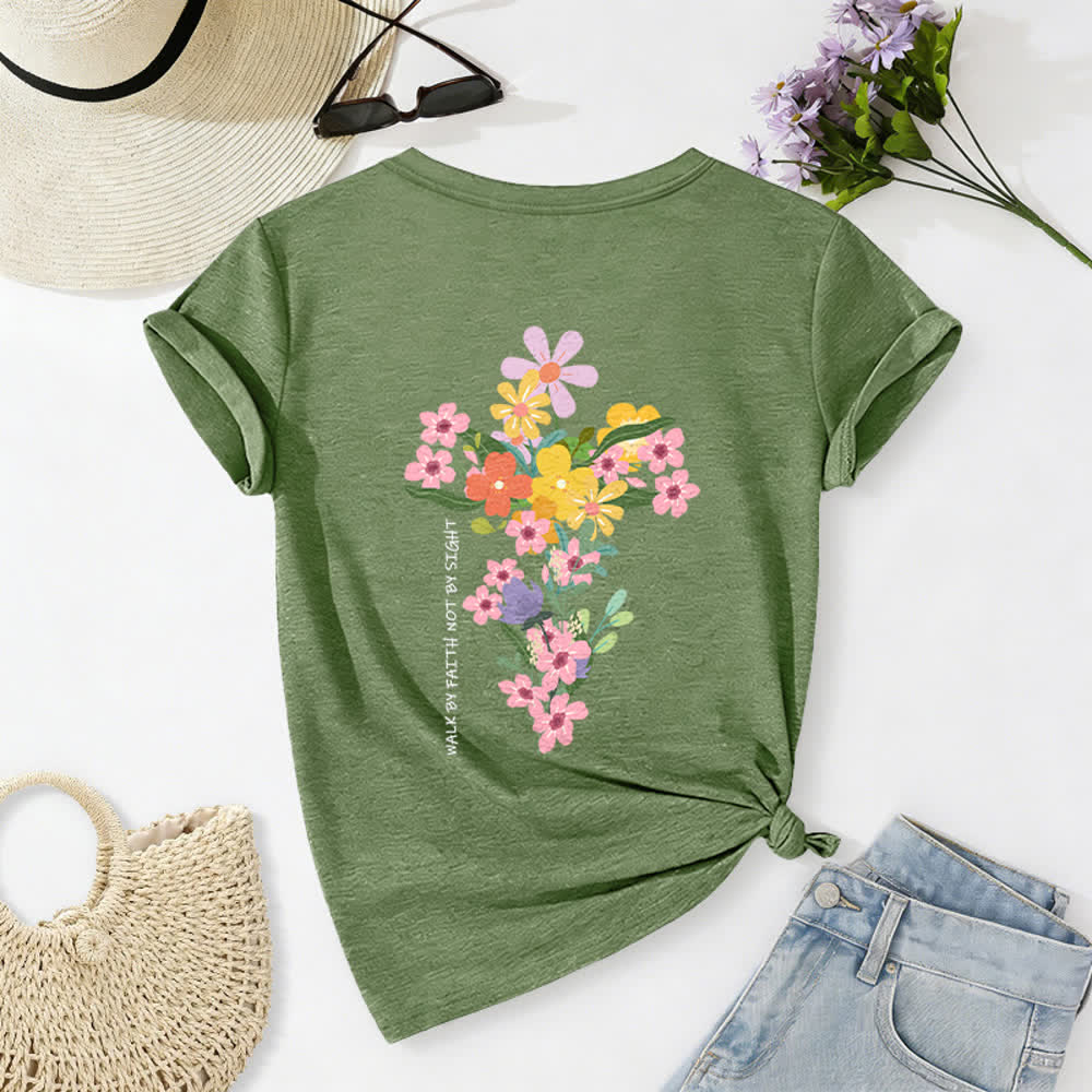 Christianartworkshop Doppelseitiges T-Shirt mit Blumenmuster und V-Ausschnitt: „Jesus ist das Licht – Wandelt im Glauben, nicht im Sehen“. - Dunkelgrün - 2XL - image 12