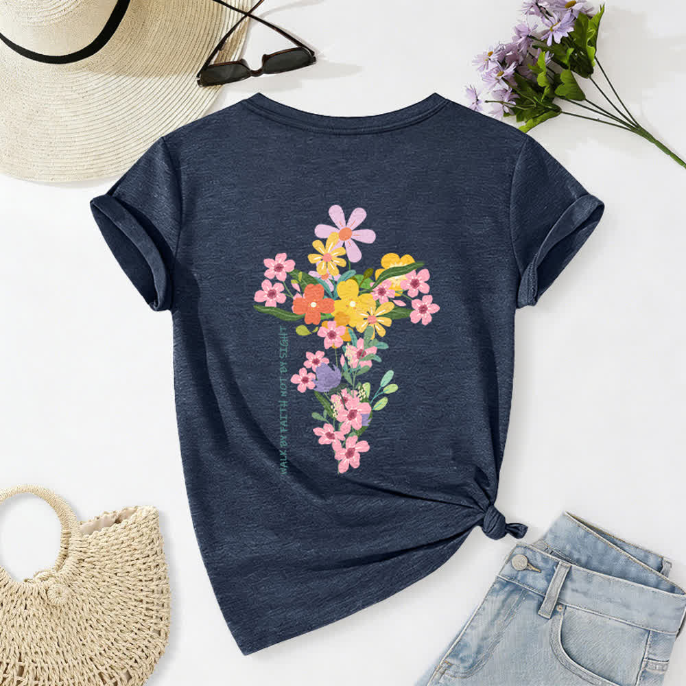 Christianartworkshop Doppelseitiges T-Shirt mit Blumenmuster und V-Ausschnitt: „Jesus ist das Licht – Wandelt im Glauben, nicht im Sehen“. - Marineblau - 2XL - image 16