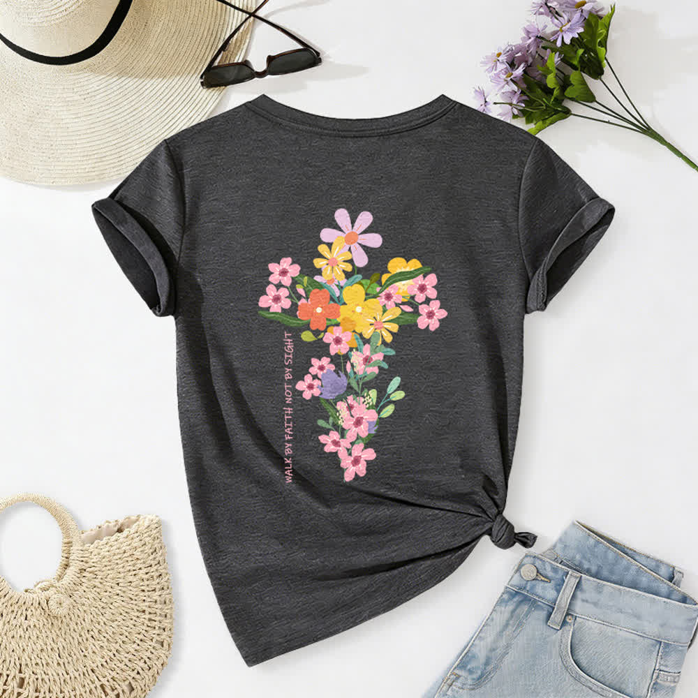 Christianartworkshop Doppelseitiges T-Shirt mit Blumenmuster und V-Ausschnitt: „Jesus ist das Licht – Wandelt im Glauben, nicht im Sehen“. - Dunkelgrau - 2XL - image 8