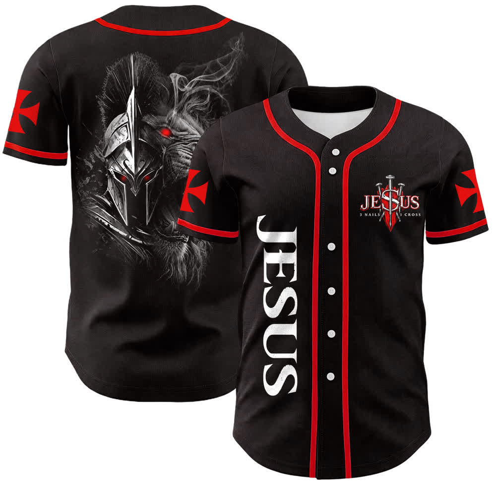 Christianartworkshop Jesus Spartan Warrior Lion 3 Nails 1 Cross Unisex Baseball Jersey - Jesus, der spartanische Kriegerlöwe - 5XL - image 0