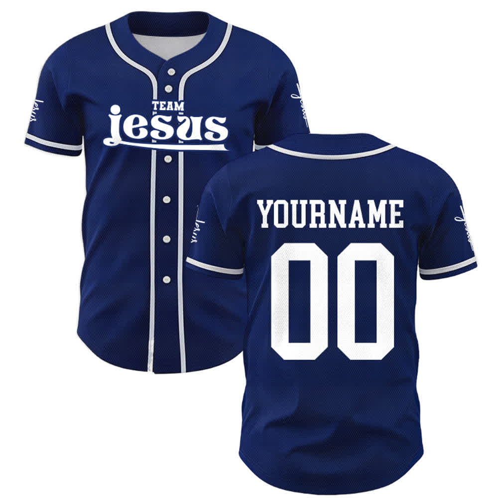Christianartworkshop Bold Team Jesus Benutzerdefiniertes Namens- und Nummern-Unisex-Baseballtrikot - image 1