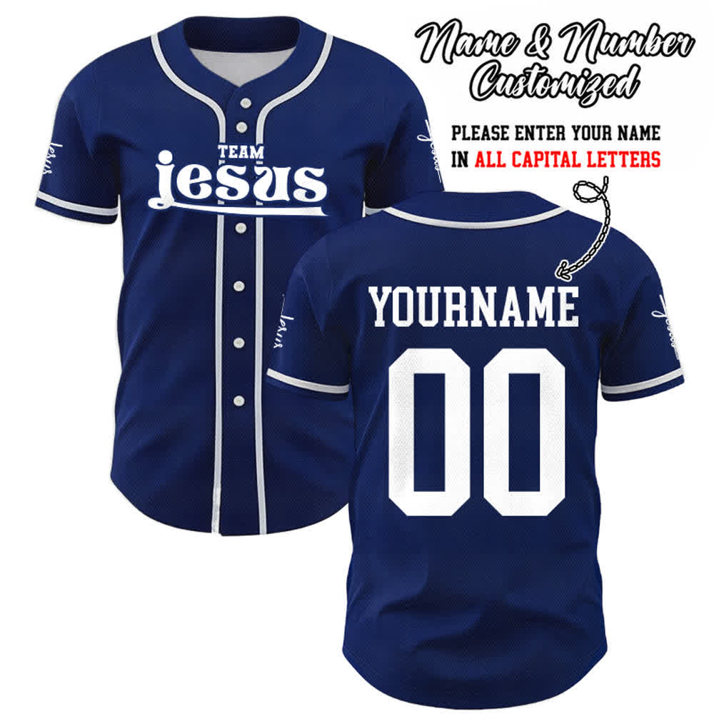 Christianartworkshop Bold Team Jesus Benutzerdefiniertes Namens- und Nummern-Unisex-Baseballtrikot - Marineblau - 5XL - Name & Nummer angepasst - image 0
