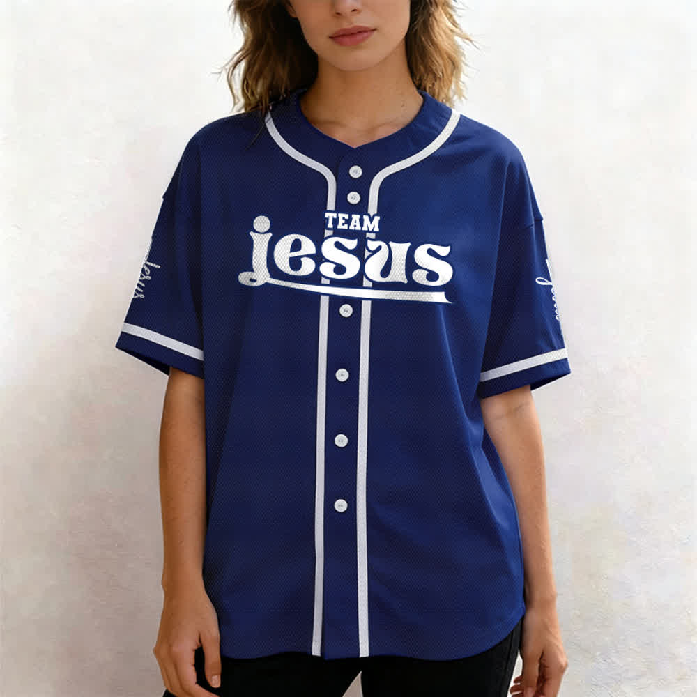 Christianartworkshop Bold Team Jesus Benutzerdefiniertes Namens- und Nummern-Unisex-Baseballtrikot - image 4