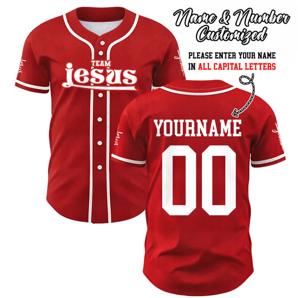 Christianartworkshop Bold Team Jesus Benutzerdefiniertes Namens- und Nummern-Unisex-Baseballtrikot - Rot - 5XL - Name & Nummer angepasst - image 24