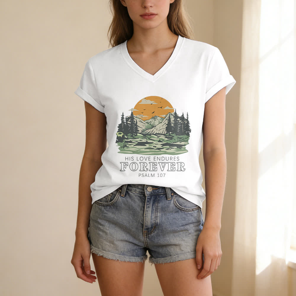 Christianartworkshop Seine Liebe währet ewig – Psalm 107 – Berglandschaft-Print – Lässiges V-Ausschnitt-T-Shirt - image 5