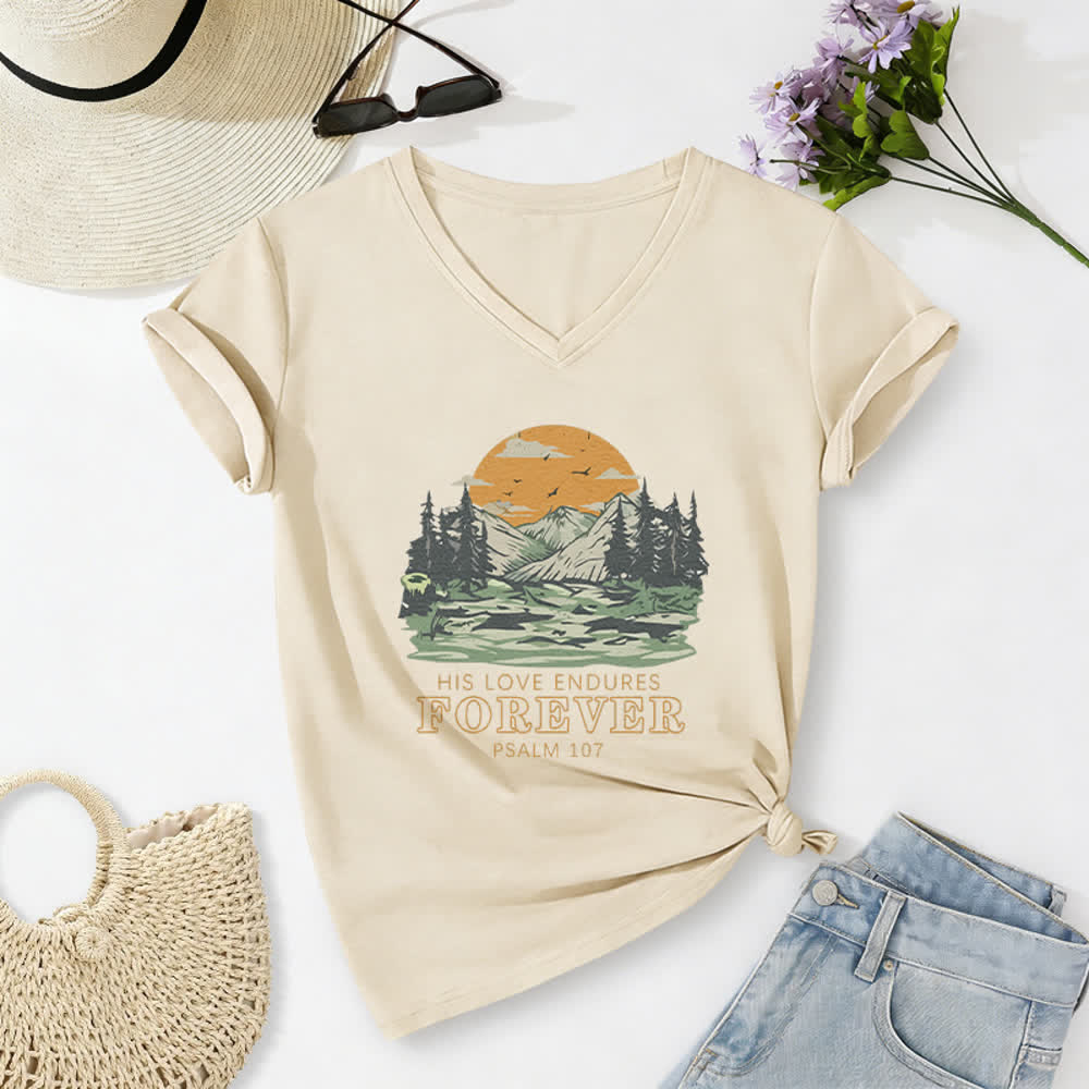 Christianartworkshop Seine Liebe währet ewig – Psalm 107 – Berglandschaft-Print – Lässiges V-Ausschnitt-T-Shirt - Beige - 2XL - image 2