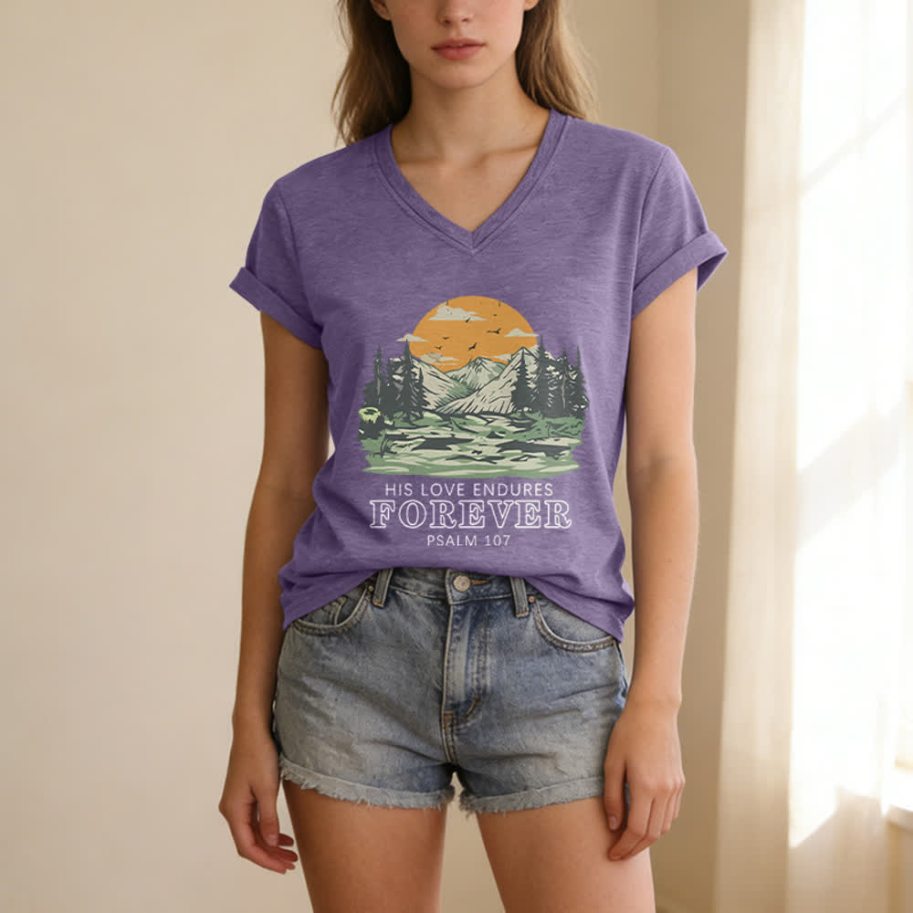 Christianartworkshop Seine Liebe währet ewig – Psalm 107 – Berglandschaft-Print – Lässiges V-Ausschnitt-T-Shirt - image 17