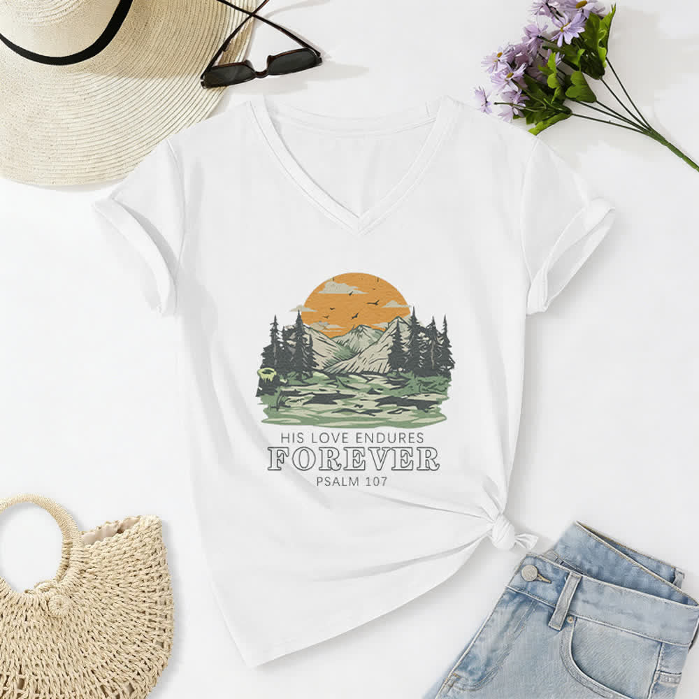 Christianartworkshop Seine Liebe währet ewig – Psalm 107 – Berglandschaft-Print – Lässiges V-Ausschnitt-T-Shirt - Weiß - 2XL - image 4