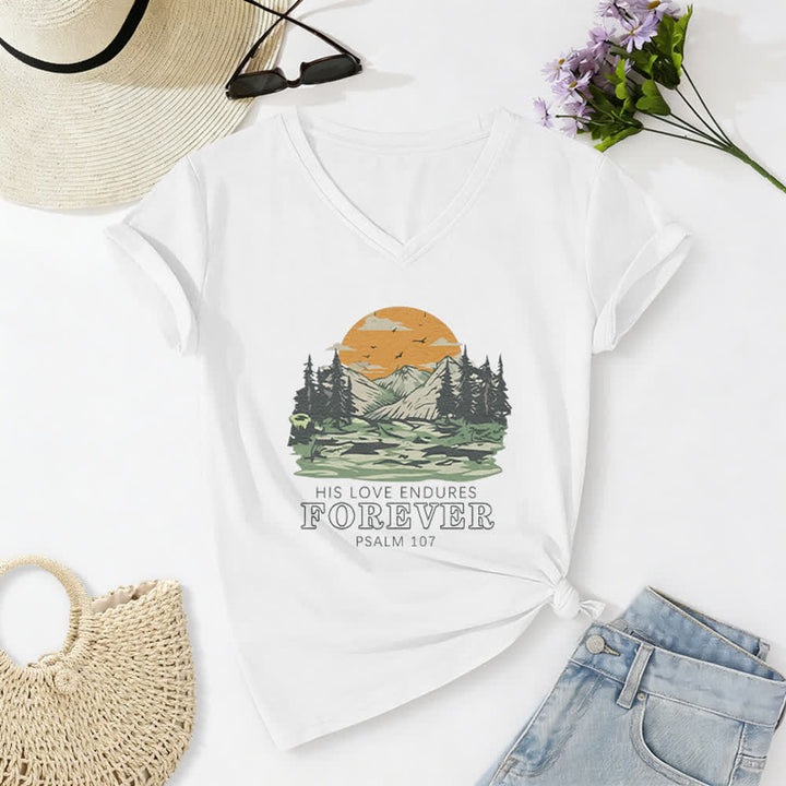 Christianartworkshop Seine Liebe währet ewig – Psalm 107 – Berglandschaft-Print – Lässiges V-Ausschnitt-T-Shirt - Weiß - 2XL - image 4