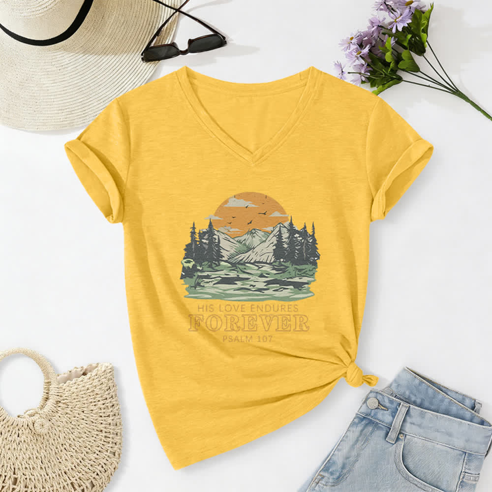 Christianartworkshop Seine Liebe währet ewig – Psalm 107 – Berglandschaft-Print – Lässiges V-Ausschnitt-T-Shirt - Gelb - 2XL - image 24