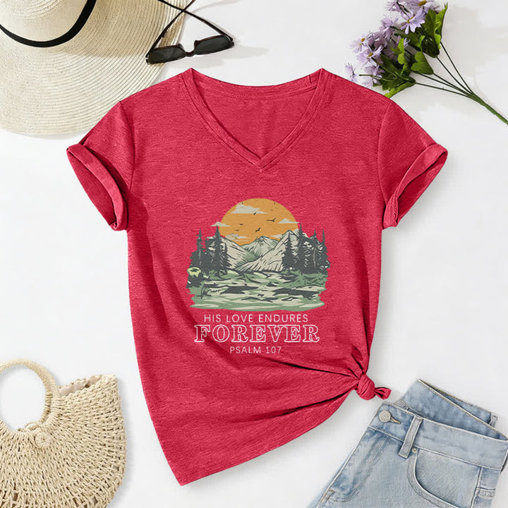 Christianartworkshop Seine Liebe währet ewig – Psalm 107 – Berglandschaft-Print – Lässiges V-Ausschnitt-T-Shirt - Rot - 2XL - image 14