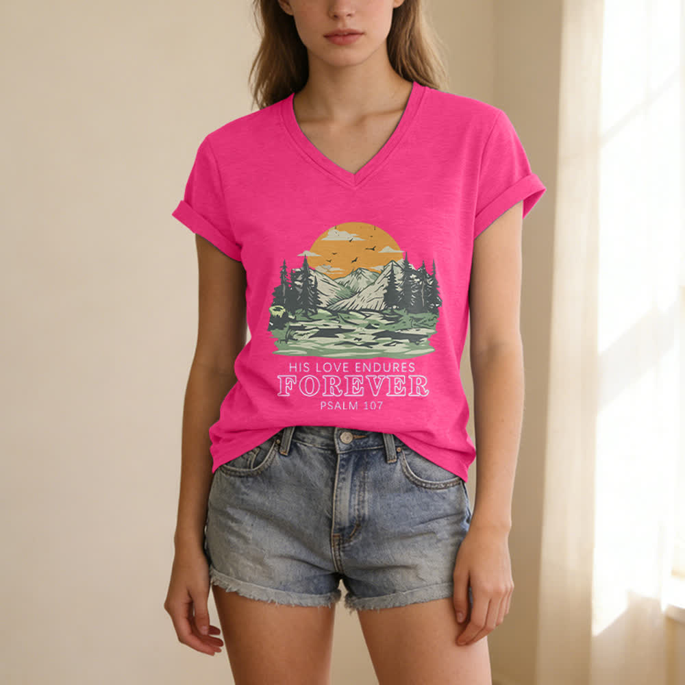 Christianartworkshop Seine Liebe währet ewig – Psalm 107 – Berglandschaft-Print – Lässiges V-Ausschnitt-T-Shirt - image 23