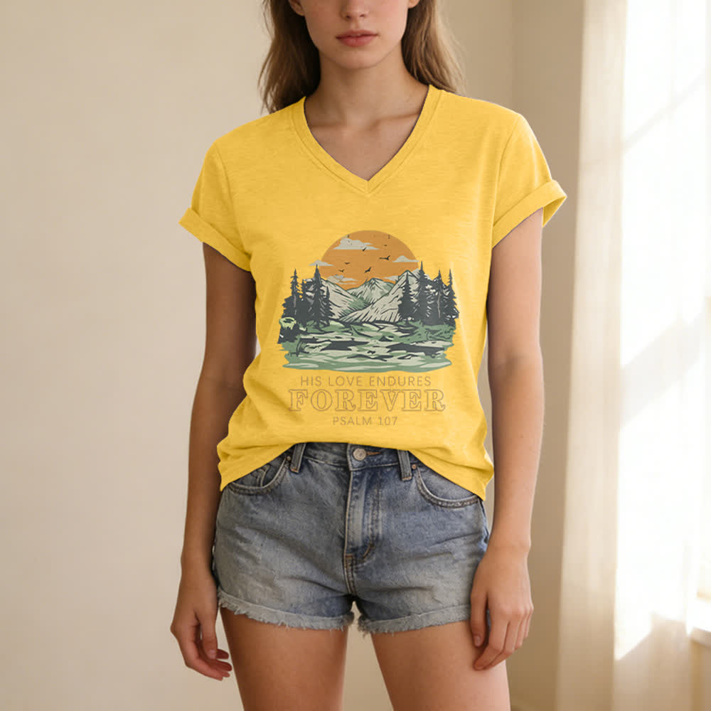 Christianartworkshop Seine Liebe währet ewig – Psalm 107 – Berglandschaft-Print – Lässiges V-Ausschnitt-T-Shirt - image 25