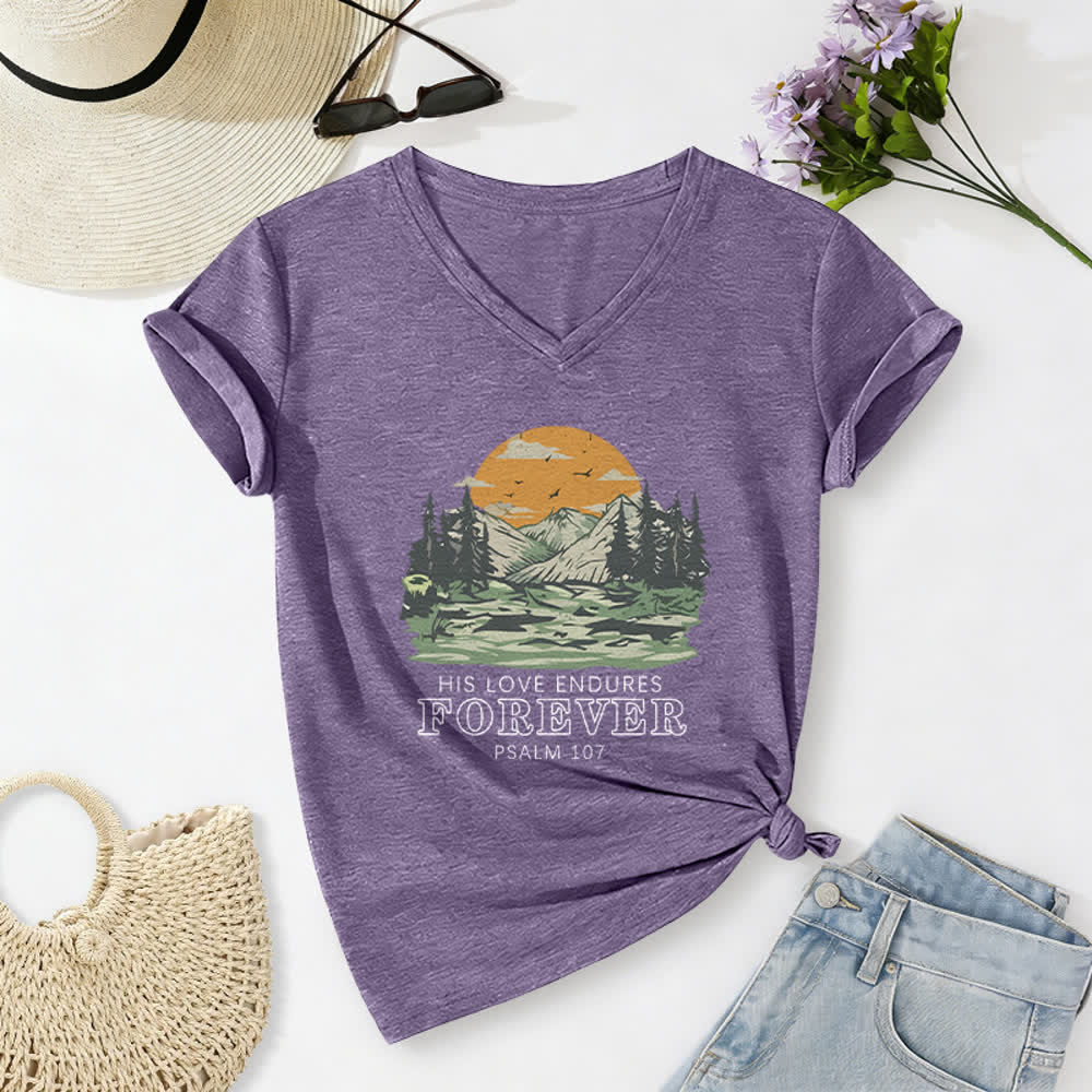 Christianartworkshop Seine Liebe währet ewig – Psalm 107 – Berglandschaft-Print – Lässiges V-Ausschnitt-T-Shirt - Lila - 2XL - image 16
