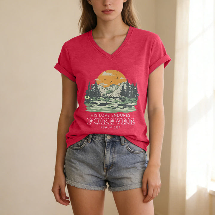 Christianartworkshop Seine Liebe währet ewig – Psalm 107 – Berglandschaft-Print – Lässiges V-Ausschnitt-T-Shirt - image 15