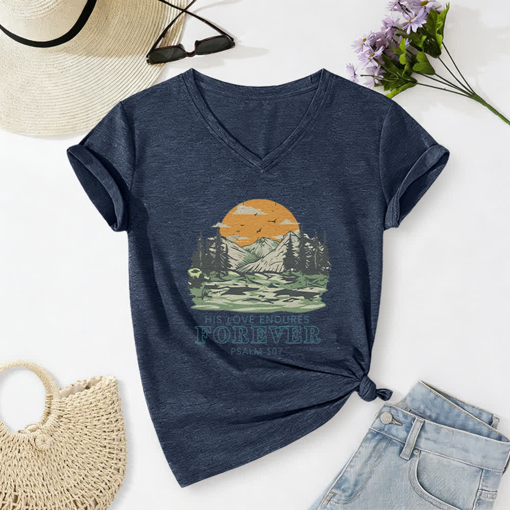 Christianartworkshop Seine Liebe währet ewig – Psalm 107 – Berglandschaft-Print – Lässiges V-Ausschnitt-T-Shirt - Marineblau - 2XL - image 8