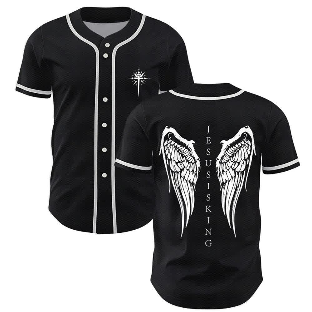 Christianartworkshop Jesus ist König Engelsflügel Kreuz Glaubensbekenntnis Individuelles Baseballtrikot - Schwarz - 5XL - image 0