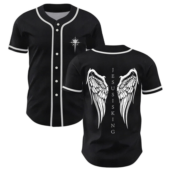 Christianartworkshop Jesus ist König Engelsflügel Kreuz Glaubensbekenntnis Individuelles Baseballtrikot - Schwarz - 5XL - image 0
