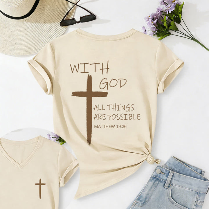 Christianartworkshop Doppelseitiges Kreuz – „Mit Gott ist alles möglich“ (Matthäus 19,26) – Lässiges T-Shirt mit V-Ausschnitt und Buchstabenprint - Beige - 2XL - image 5