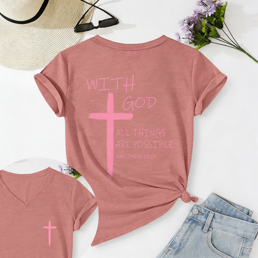 Christianartworkshop Doppelseitiges Kreuz – „Mit Gott ist alles möglich“ (Matthäus 19,26) – Lässiges T-Shirt mit V-Ausschnitt und Buchstabenprint - Hellrosa - 2XL - image 45