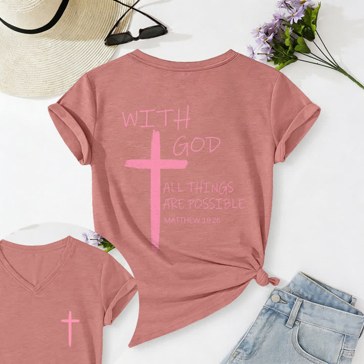 Christianartworkshop Doppelseitiges Kreuz – „Mit Gott ist alles möglich“ (Matthäus 19,26) – Lässiges T-Shirt mit V-Ausschnitt und Buchstabenprint - Hellrosa - 2XL - image 45