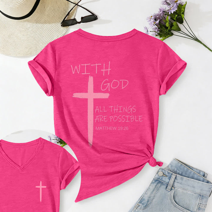 Christianartworkshop Doppelseitiges Kreuz – „Mit Gott ist alles möglich“ (Matthäus 19,26) – Lässiges T-Shirt mit V-Ausschnitt und Buchstabenprint - Rose - 2XL - image 55