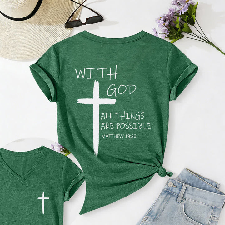 Christianartworkshop Doppelseitiges Kreuz – „Mit Gott ist alles möglich“ (Matthäus 19,26) – Lässiges T-Shirt mit V-Ausschnitt und Buchstabenprint - Dunkelgrün - 2XL - image 25