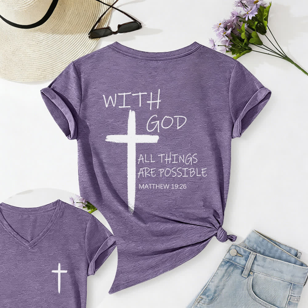 Christianartworkshop Doppelseitiges Kreuz – „Mit Gott ist alles möglich“ (Matthäus 19,26) – Lässiges T-Shirt mit V-Ausschnitt und Buchstabenprint - Lila - 2XL - image 40