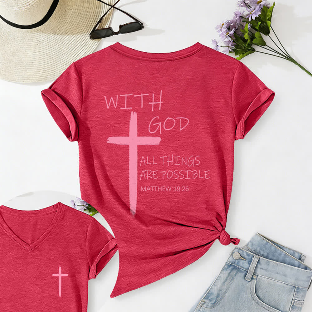 Christianartworkshop Doppelseitiges Kreuz – „Mit Gott ist alles möglich“ (Matthäus 19,26) – Lässiges T-Shirt mit V-Ausschnitt und Buchstabenprint - Rot - 2XL - image 35