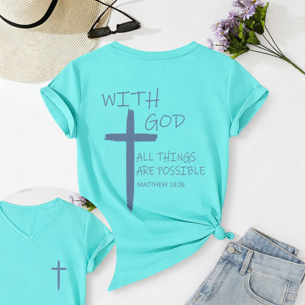 Christianartworkshop Doppelseitiges Kreuz – „Mit Gott ist alles möglich“ (Matthäus 19,26) – Lässiges T-Shirt mit V-Ausschnitt und Buchstabenprint - Himmelblau - 2XL - image 50