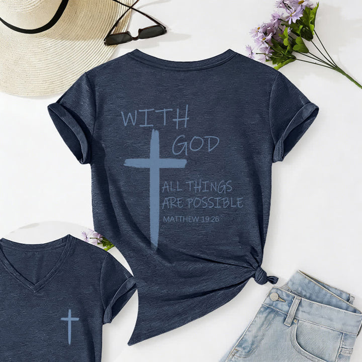 Christianartworkshop Doppelseitiges Kreuz – „Mit Gott ist alles möglich“ (Matthäus 19,26) – Lässiges T-Shirt mit V-Ausschnitt und Buchstabenprint - Marineblau - 2XL - image 0