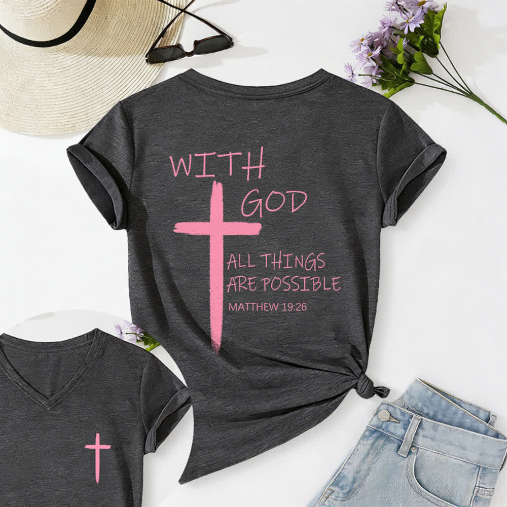 Christianartworkshop Doppelseitiges Kreuz – „Mit Gott ist alles möglich“ (Matthäus 19,26) – Lässiges T-Shirt mit V-Ausschnitt und Buchstabenprint - Dunkelgrau - 2XL - image 15