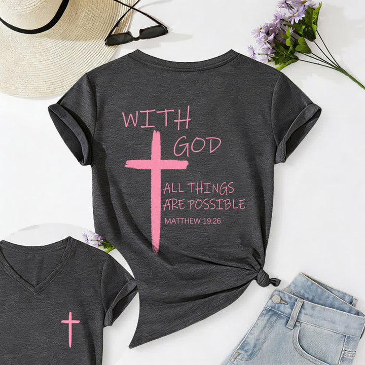 Christianartworkshop Doppelseitiges Kreuz – „Mit Gott ist alles möglich“ (Matthäus 19,26) – Lässiges T-Shirt mit V-Ausschnitt und Buchstabenprint - Dunkelgrau - 2XL - image 15