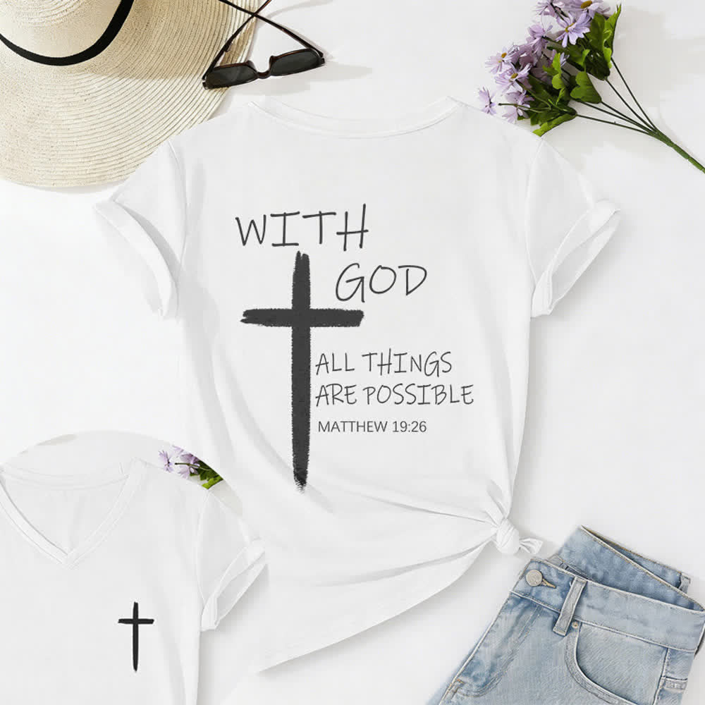Christianartworkshop Doppelseitiges Kreuz – „Mit Gott ist alles möglich“ (Matthäus 19,26) – Lässiges T-Shirt mit V-Ausschnitt und Buchstabenprint - Weiß - 2XL - image 10