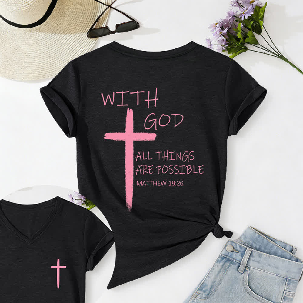 Christianartworkshop Doppelseitiges Kreuz – „Mit Gott ist alles möglich“ (Matthäus 19,26) – Lässiges T-Shirt mit V-Ausschnitt und Buchstabenprint - Schwarz - 2XL - image 30