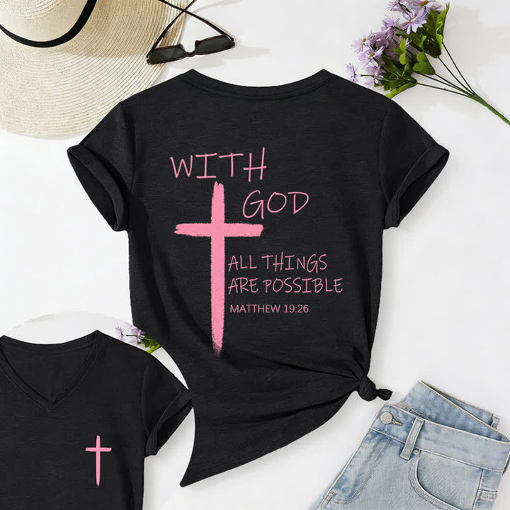 Christianartworkshop Doppelseitiges Kreuz – „Mit Gott ist alles möglich“ (Matthäus 19,26) – Lässiges T-Shirt mit V-Ausschnitt und Buchstabenprint - Schwarz - 2XL - image 30